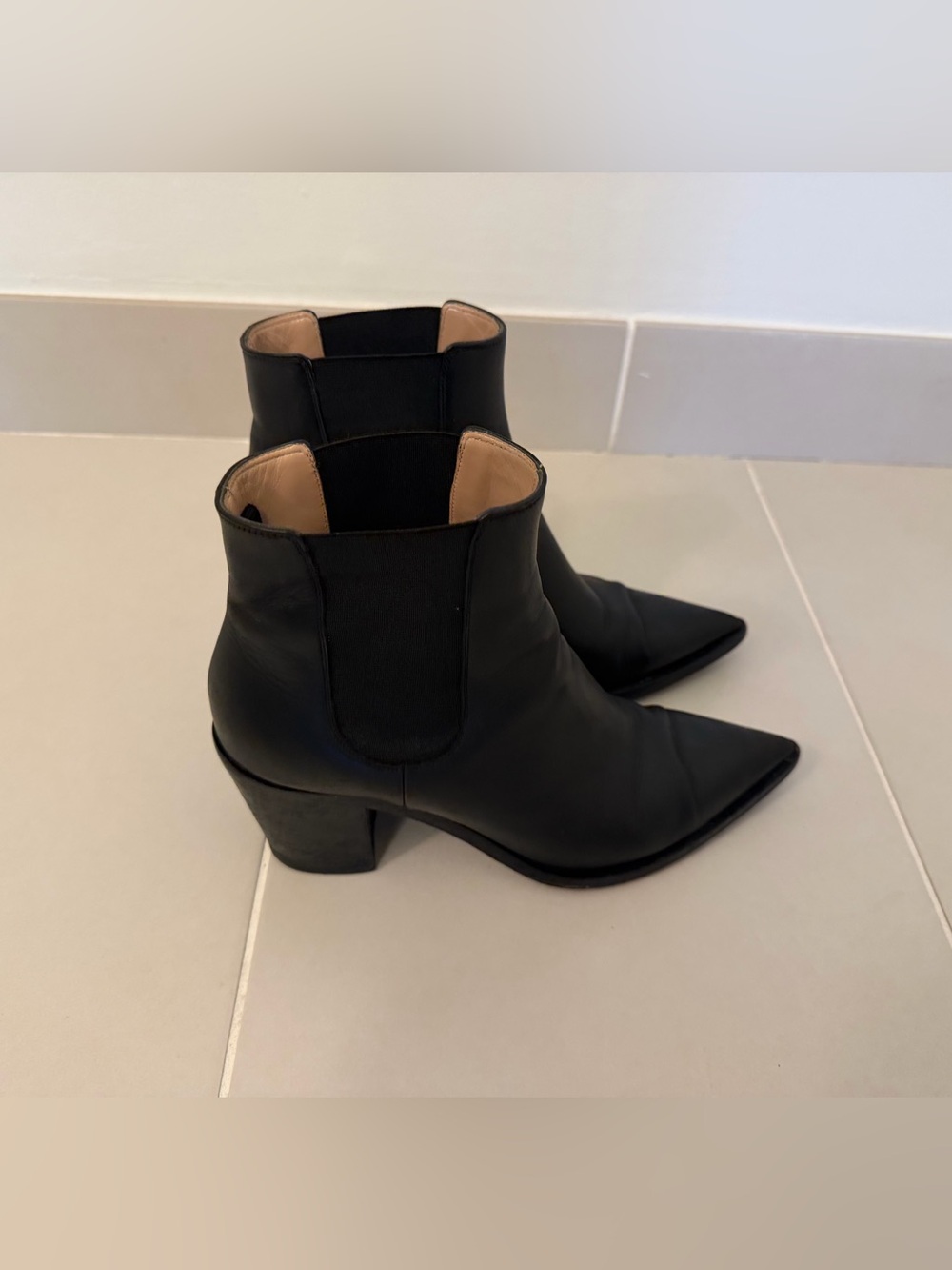 Gianvito Rossi Black Pointed Leather Ankle Boots with Block Heel